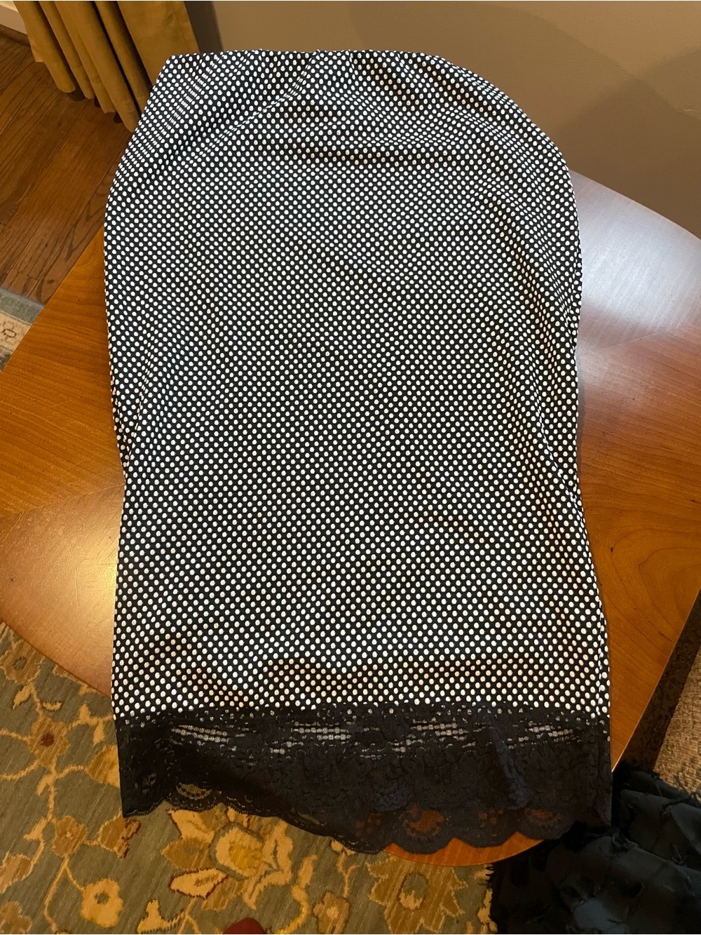 Unique Black and White Polka Dot Pencil Skirt with Lace Hem